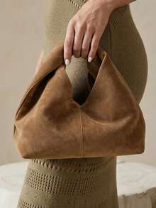 女士极简仿麂皮单肩包，低调奢华垂坠扭结手提包，复古优雅中号托特包，适合日常通勤和购物 - 棕色 - 查看 2