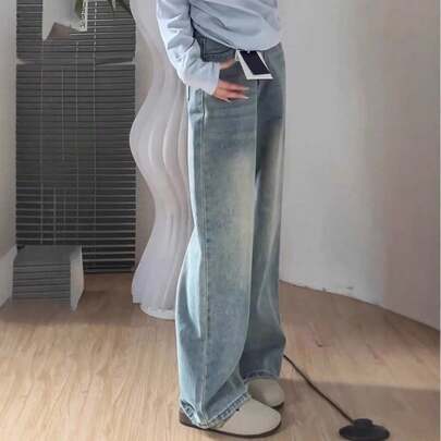 デニムパンツ レディース ハイウエスト ルーズフィット ストレート ドレープ感 ロング丈 床擦れ 着痩せ スタイルアップ 脚長効果 体型カバー カジュアル ストリート おしゃれ デイリー 通勤 通学 デート お出かけ 普段使い 春 秋 冬 ゆったり 着心地の良い 窮屈感のない...