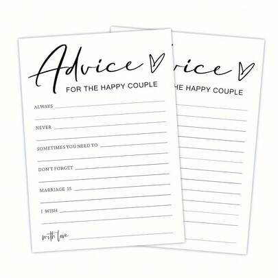 Bộ 50 tấm thiệp với những lời khuyên về đám cưới, hoàn hảo cho tiệc độc thân của cặp đôi hạnh phúc, quà tặng trong tiệc mừng cưới, các hoạt động trong tiệc đính hôn và trang trí tiệc cưới.
