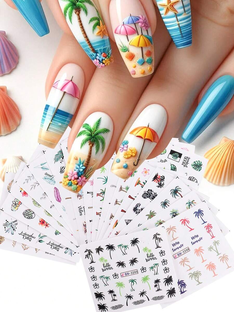 24片/套 夏季美甲贴纸,海滩度假设计DIY美甲贴纸,植物绿叶,椰子树图案水转印热带风格美甲贴片装饰 - 彩色 - 查看 1