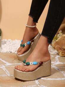 Women's Bohemian Style Stone Decor Wedge Flip Flops, Thick Sole Thong Sandals With Turquoise Bead Ornament,Summer Sandals - Gold - View 5