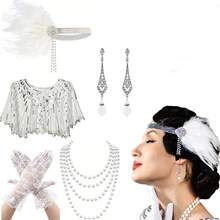 Bộ 5 món: Băng đô lông vũ phong cách retro thập niên 1920, khăn choàng đính sequin, vòng cổ ngọc trai giả, bông tai, găng tay đen - Phụ kiện trang phục cho dạ hội hóa trang, tiệc tùng, váy dạ hội trang trọng, đi biển, kỳ nghỉ, phụ kiện, đồ dùng cần thiết khi đi du lịch. - Nhiều màu - Xem 27