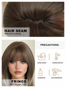 7JHH WIGS 高光暖棕色混米色层次感假发，女士款，18英寸优雅齐肩直发，带刘海，自然柔软耐热蓬松无胶合成纤维假发，适合日常佩戴，新手假发配件，母亲节礼物 - 亞麻棕 - 查看 8