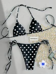 Bộ bikini Xinshengyuan 2026 2 món/set dành cho Tết Dương lịch và Lễ Tình nhân, kiểu dáng gợi cảm, dễ thương, màu xanh ngọc chấm bi, dây buộc cổ tam giác hai bên, chất liệu co giãn vừa phải, phong cách Âu Mỹ, quần bơi nữ kiểu buộc dây bên hông, thích hợp cho kỳ nghỉ biển và hồ bơi, tiệc biển, trang phục đi biển mùa hè, đồ bơi mùa xuân mùa đông. - Nhiều màu - Xem 8