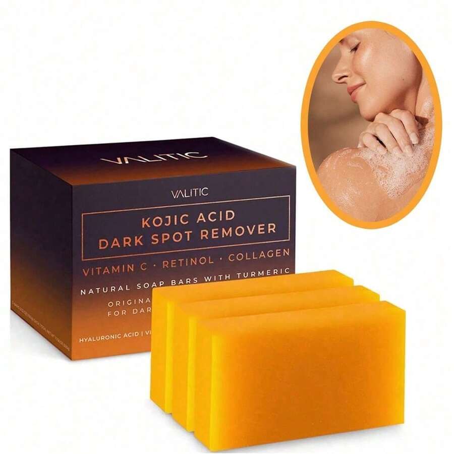 3 Pcs Kojic Acid Dark Spot Remover Soap Bars With Vitamin C, Retinol, Collagen, Turmeric - Original Japanese Complex Infused With Hyaluronic Acid, Vitamin E, Shea Butter, Castile Olive Oil - Lemon - 查看 1
