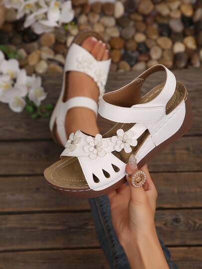 Women's Thick Sole Floral Hollow-Out Open Toe Sandals, Solid Color, Elegant Bohemian Casual Sexy Wedding, Platform Wedge Sandals, Summer