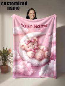 Customized Flannel Blanket With Printed Design Of A Teddy Bear Hugging A Bow Lying On Clouds And Moon, Dreamy Girly Style - Personalized Soft & Warm Digital Printing, Tear-Resistant, Machine Washable, Hypoallergenic, Versatile For Sofa, Bed, Travel, Camping, Living Room, Office - Multicolor - View 16