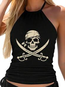 Women'S Tankini Swimwear Featuring A Pirate Skull And Crossbones Design, Perfect For Halloween And Rave Parties. This Elegant Bathing Suit Is Ideal For Beach Outings, Pool Gatherings, And Water, Showcasing A Cute Style, Durable Fabric - 黑色 - 查看 2