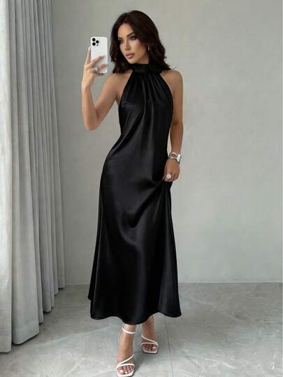 Elegant White Satin Midi Slip Dress - Floral Neckline Detail, Flowing Silhouette, High Neck Spaghetti Strap - Perfect For Cocktail Parties, Wedding Guests And Summer Gatherings - Feminine, Refined, Gracefully Elegant Black