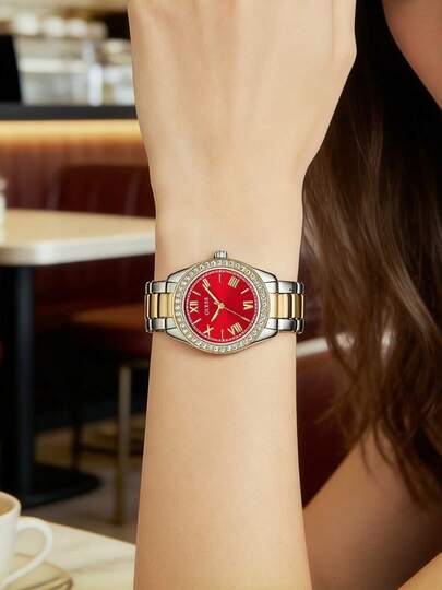 Guess Women's Quartz Watch, Luxury Crystal Diamond Bezel, Deep Red Dial, Gold Roman Numerals, Stainless Steel Bicolor Gold & Silver Bracelet, Elegant Jewelry Style Gift Suitable For Party, Wedding