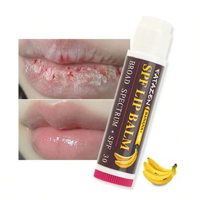 FATAZEN Bálsamo labial con protector solar con sabor a plátano, lubrica y hidrata los labios, calma y repara el daño, realza el tono natural de los labios, suaviza las arrugas de los labios