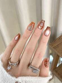 Bộ 10 móng tay giả kiểu lâu đài, đính hạt thủy tinh màu hổ phách lấp lánh, họa tiết mắt mèo, vẽ tay, kẻ caro, làm thủ công. - Nhiều màu - Xem 4