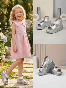 1雙金色大尺碼女童坡跟涼鞋，亮面金屬扣＋柔軟舒適PU布料，圓頭露趾4CM輕量厚底增高，彈性布料一腳蹬設計，時尚可愛波希米亞風，適合日常休閒度假校園假日穿搭，春夏新款 - 銀色 - 查看 1