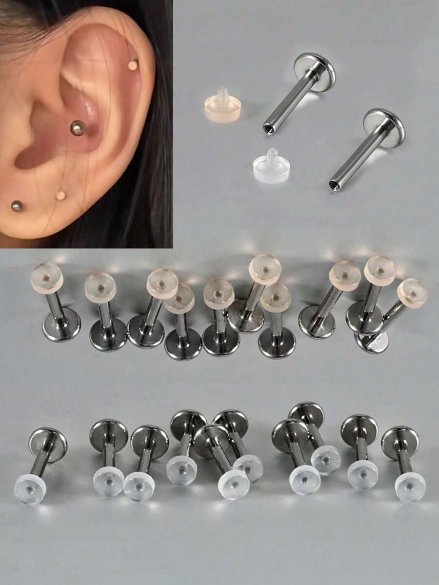 10PCS/Set Cute Flesh Color&Transparent Round Flat Acrylic Labret Studs Invisible Flat Back Lip Nose Lobe Helix Tragus Stainless Steel Internal Threaded 16G Piercing Earring Simple For Male&Female