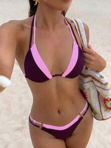 LUCKY HOLIDAY 性感夏季沙滩豹纹三角比基尼套装，系带金属链装饰，度假必备 - 棕粉色 - 查看 1