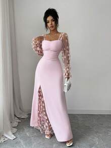 Lili House 女士长款碎花网纱连衣裙 - 长袖，收腰设计 | 优雅休闲连衣裙，适合约会、晚宴、派对等场合，粉色 - 粉色 - 查看 7