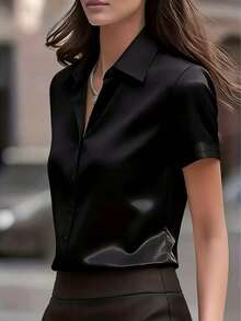 New Summer Acetate Satin Black Elegant French Style Silky Drape Blouse - Black - View 3