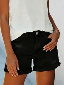 Quần short denim nữ màu trơn dáng rộng, ống lửng, kiểu dáng thường ngày, màu đen, thích hợp mặc mùa hè. - màu đen - Xem 6