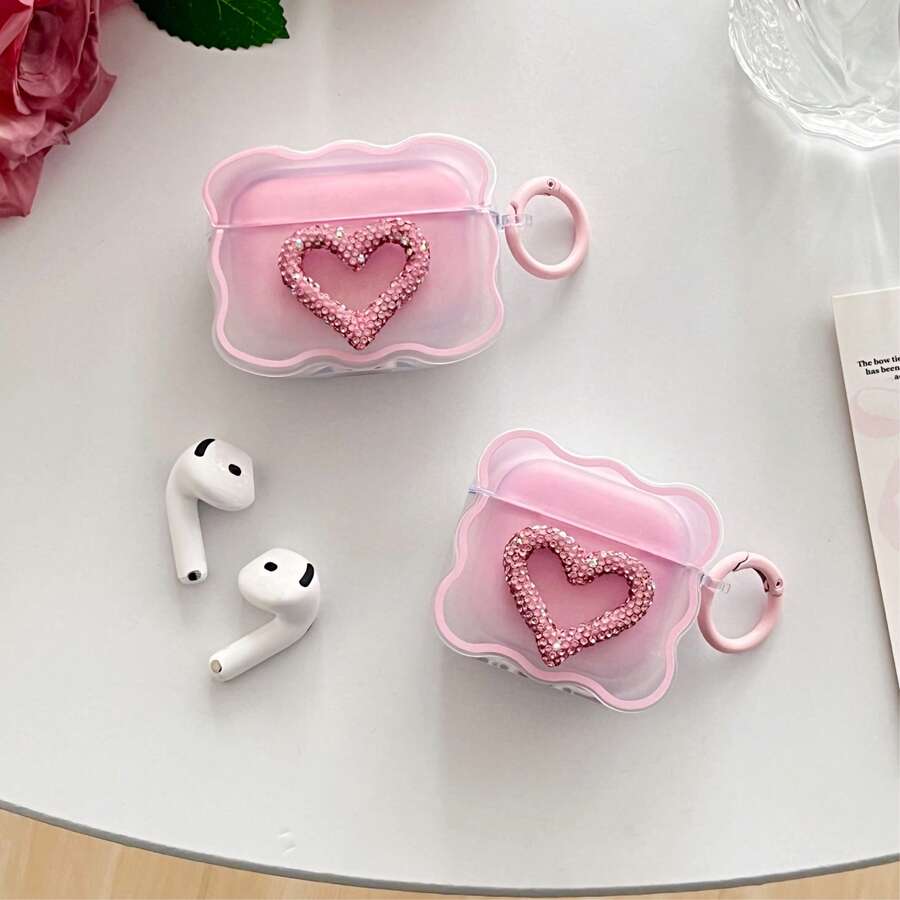 Heart Gradient Pink Rhinestone Heart-Shaped + 1 Pink Round Button Protective Case Compatible With Apple 4, Pro 2/3/Pro/1/2, No Earphones Included