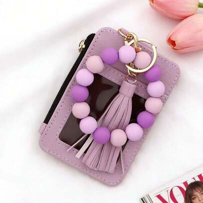 女士PU皮革卡包钥匙扣配硅胶珠手链腕带
