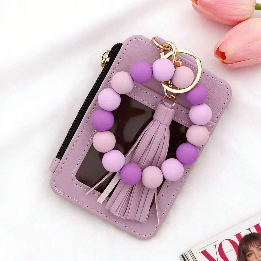 Móc khóa đựng thẻ bằng da PU dành cho nữ, kèm vòng tay hạt silicon.