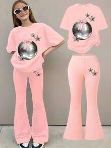 This Casual Set Suitable For Girls Consists Of A Pink T-Shirt With Creative Text Print Paired With Light Pink Flare Pants. Whether For School, Shopping, Creating A Street Style Look, Or Vacationing, This Is An Excellent Choice. - Pink - View 1
