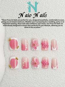 NAIO Set de 10 unghii false de vară, realizate manual, cu presă, pentru unghii de la picioare, scurte, pătrate, roz, albe, franțuzești, cu design 3D cu flori și mărgele aurii, pentru femei și fete, pentru petrecere, purtare zilnică, vine cu trusă de scule, cadou excelent pentru unghiile de doamne, consumabile pentru unghii - Multicolor - Vizualizare 11