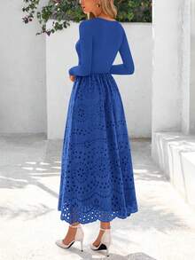 Women Casual Eyelet Long Sleeve Crewneck A-Line Boho Maxi Dresses Spring Autumn Hawaii Wedding Guest Holiday Vacation Long Dress Pockets Outfits - Màu xanh lam - Xem 2