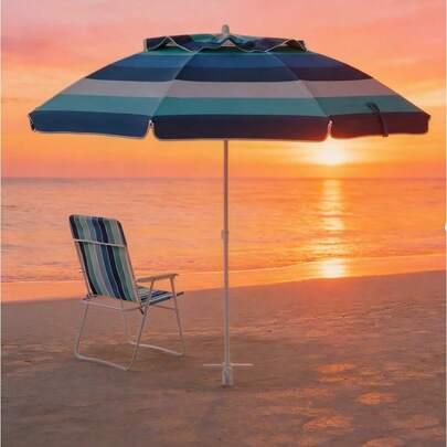 Heavy-Duty 6' Blue Striped Beach Umbrella, UV Resistant Windproof Portable Sun Shelter For Camping & Poolside