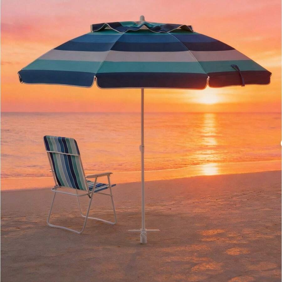 Heavy-Duty 6' Blue Striped Beach Umbrella, UV Resistant Windproof Portable Sun Shelter For Camping & Poolside - 單身的 - 查看 1