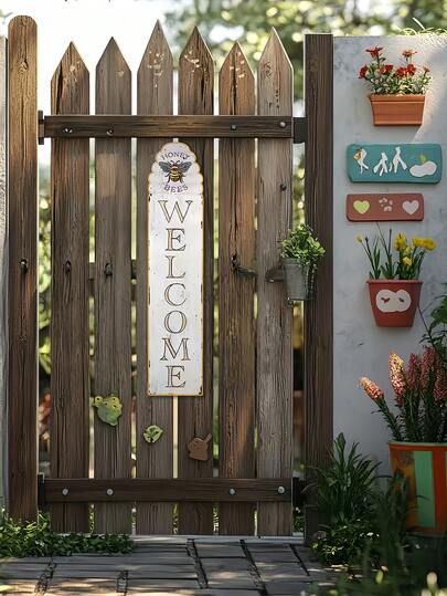1 件木质装饰牌，图案为蜜蜂，并印有“欢迎”字样，尺寸为 17.7 x 3.9 x 5 英寸，复古风格，适用于家居入口、门廊、花园等场所的装饰。