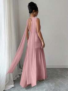 Women's Elegant Solid Color Backless Pleated Slit Dress, Summer - Pink - View 2