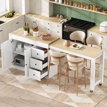 Kitchen Island On Wheels, Extendable Kitchen Island With Dining Area, Spice Rack And Drawers, Independent Mobile Kitchen Island, Ideal For Kitchen And Dining Room (White). - White - View 12