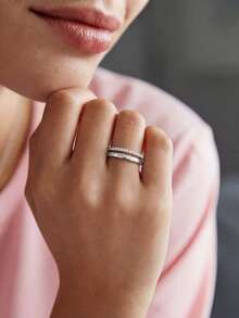 1pc 925 Sterling Silver Triple Row Full Diamond Edged Ring, Suitable For Women, Elegant Crystal Earrings, Luxury Jewelry - Silver - View 8