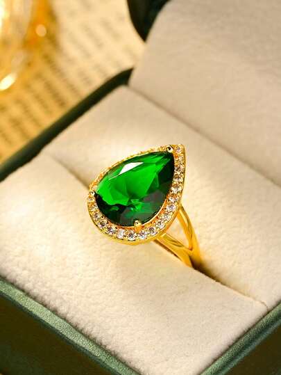 1pc Elegent 24k Gold Plated /White Gold Plated Green Cubic Synthetic Zirconia Ring For Women - Water Drop Design With Accent Stones, Perfect For Weddings, Engagements & Valentine's Day/Mother's Day Gifts, Simple Wedding Ring.