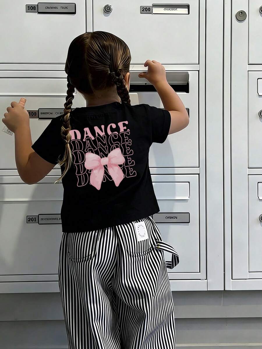女童短袖T恤,可愛分層DANCE字母與粉色蝴蝶結印花背後圖案,寬鬆休閒兒童夏季舞蹈日常穿著 - 黑色 - 查看 1