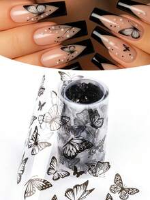 1/2 Box Butterfly Nail Foil Transfer Stickers, Black & White Nail Art Foil Decals, DIY Galaxy Nail Decorations For Salon & Home Use, Suitable For Summer & Spring - Black and White - View 2