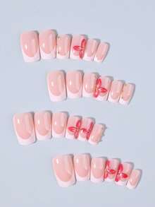 24pcs Short Square 3D Gel Nail Stickers, Pearl Decor Design, Pink French Acrylic Adhesive Nail Stickers, Perfect Fit For Short Nails, Set Includes 1 Jelly Gel And 1 Nail File, Easy To Apply, Suitable For Summer Nails And French Manicure, Ideal For Women And Girls Daily Wear And Parties - Multicolor - View 3