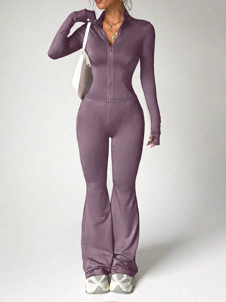Ensemble Top à manches longues et pantalon de sport slim fit de couleur unie pour femmes, tenue de fitness pour femmes - Rose bonbon - Voir 1