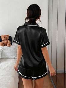 Dreamivo Pocket Bow Embroidered Solid Color Collar Pajama Set, Button Collar Top And Comfortable Shorts - Black - View 2