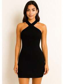 Short Dress With Crossed Straps – Fitted, Sexy, And Elegant For Parties - Black - View 1