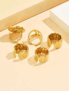 5pcs Asymmetrical Lava Design Open Rings Set, Exaggerated Thick Metal Geometric Stainless Steel Rings, Waterproof Non-Fading Jewelry For Women Party Wear - Geometry - View 6