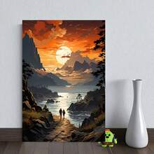 2D Plano, 2D Plano, 1 pieza, Impresión en lienzo 2D sin marco, Paisaje de lago de montaña al atardecer con pareja caminando, Adecuado para sala de estar, dormitorio, oficina, comedor, decoración de hotel - Enmarcado - Ver 4