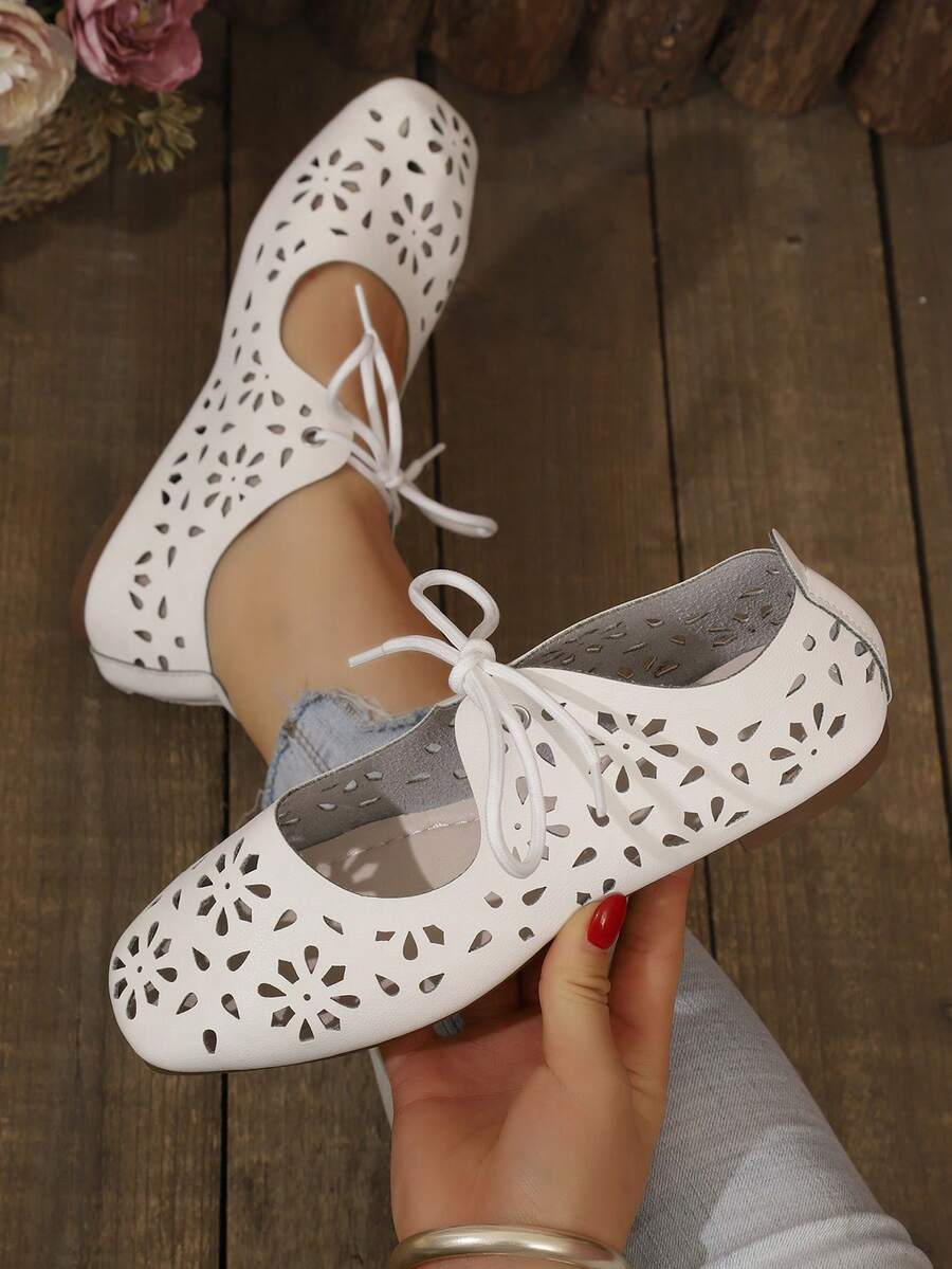 New Lace-Up Hollow Breathable Flat Shoes, Suitable For Work, Casual Walking, Office Lady Shoes - White - View 1