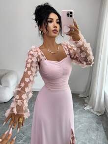 Lili House 女士长款碎花网纱连衣裙 - 长袖，收腰设计 | 优雅休闲连衣裙，适合约会、晚宴、派对等场合，粉色 - 粉色 - 查看 4