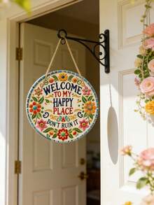 1 pièce "Bienvenue dans mon monde heureux" Décoration, œuvre murale imprimée 2D avec motif floral coloré et slogan positif, décoration d'intérieur rétro esthétique, panneau de signalisation joyeux, convient pour les portes, les murs, les entrées, les salons, les chambres, les cuisines, les salles de bains, les cafés, les boutiques, les patios, les fermes, le style boho et les scènes de décoration saisonnière de la maison - Multicolore - Voir 2
