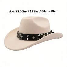 Retro Cowgirl Hat For Women Men Solid Color Wide Brim Western Cap With Rivet Cross Leather Belt - Black - View 7