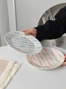 Cabin Kangaroo 1个可爱蝴蝶结条纹陶瓷盘，手绘可爱餐盘，粉蓝配色甜点盘，家居及美食摄影适用 - 彩色 - 查看 5