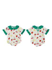 Mono de bebé niña de manga corta con cuello de muñeca, estampado de frutas y lazos, y volantes decorativos. - Verde - Ver 10