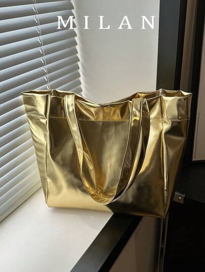 多巴胺纯色新款极简大容量亮面单肩手提包，个性化柔软PU漆面通勤手提包